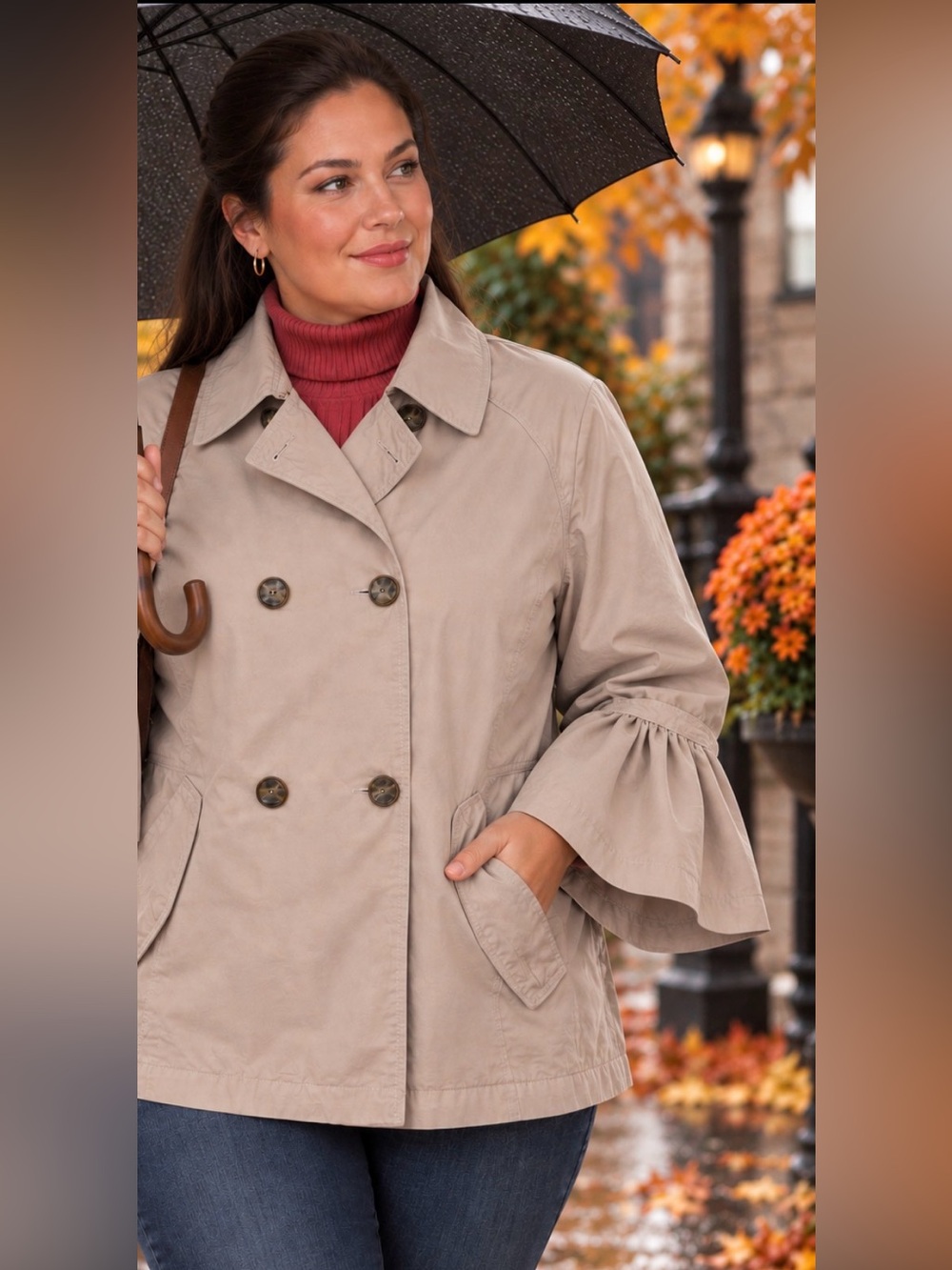 Democracy Double-Breasted Short Trench Coat w Unique Ruffle-Sleeve in Taupe - XL